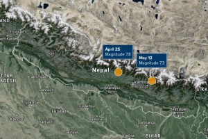 Epicenters of earthquakes in Nepal on 25th April 2015 and 12th May 2015