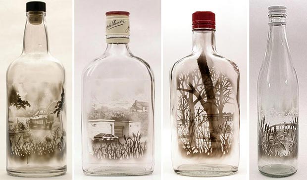 Smoke paintings on the bottle by Jim Dingilian 