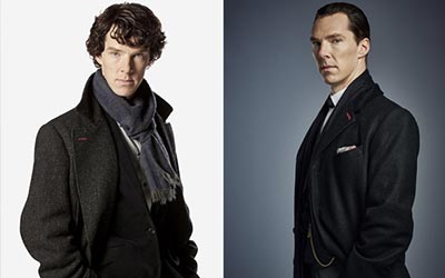 Sherlock Holmes in previous episodes (left) and Mr. Sherlock Holmes in The Abominable Bride (right)