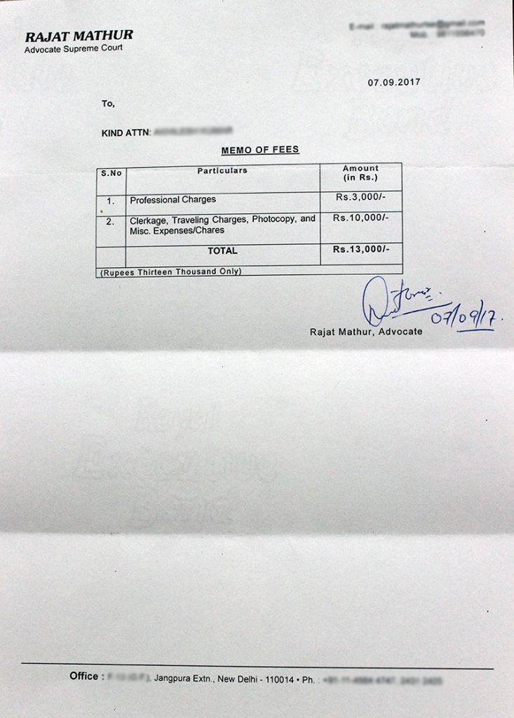 Memo of fees provided by the Supreme Court Advocate