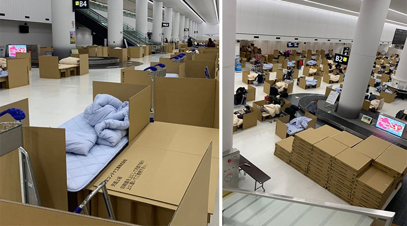 Tokyo's airport baggage claim area turned to a cardboard hotel